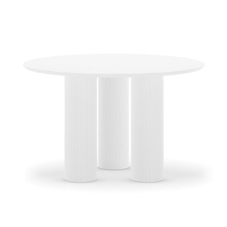 Lucina 4 Seater Fluted Round Dining Table in White with a smooth circular top and sculptural, vertically fluted cylindrical legs, offering a modern, minimalist design perfect for intimate gatherings.