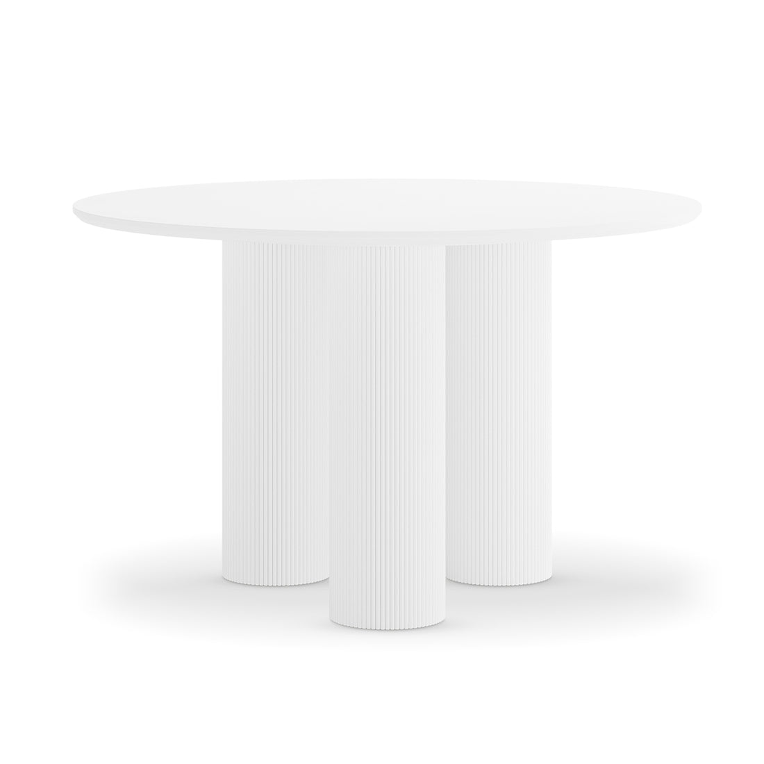 Lucina 4 Seater Fluted Round Dining Table in White with a sleek circular top and four cylindrical legs featuring subtle grooves, set against a plain backdrop, showcasing minimalist elegance.