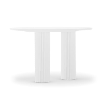 Lucina 4 Seater Fluted Round Dining Table in White, featuring a sleek round tabletop supported by two thick, vertically fluted cylindrical legs, showcasing a modern and sophisticated design.