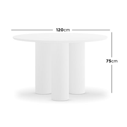 Lucina 4 Seater Fluted Round Dining Table in White, featuring a 120 cm diameter top with four thick cylindrical fluted legs, stands 75 cm tall, showcasing sophistication and unique charm.
