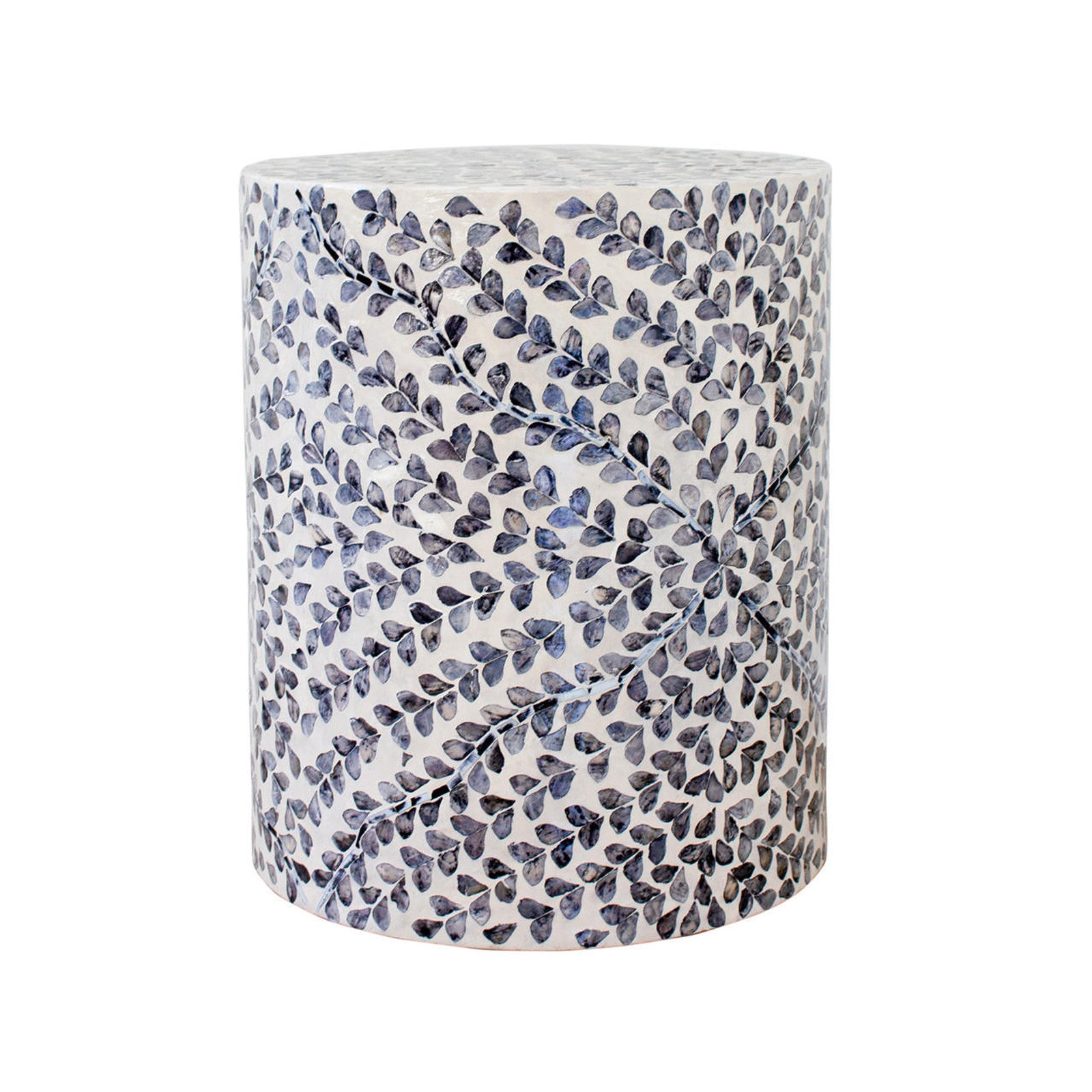 Lulu Floral Mother of Pearl Inlay Side Table in Blue, featuring a cylindrical design with a white base and intricate blue leaf pattern, perfect as a versatile side table or decorative piece.