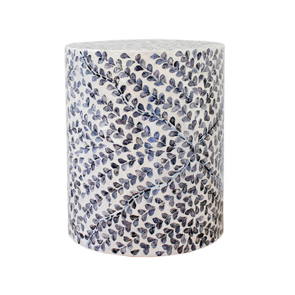 Lulu Floral Mother of Pearl Inlay Side Table in Blue, featuring a cylindrical design with a white base and intricate blue leaf pattern, perfect as a versatile side table or decorative piece.