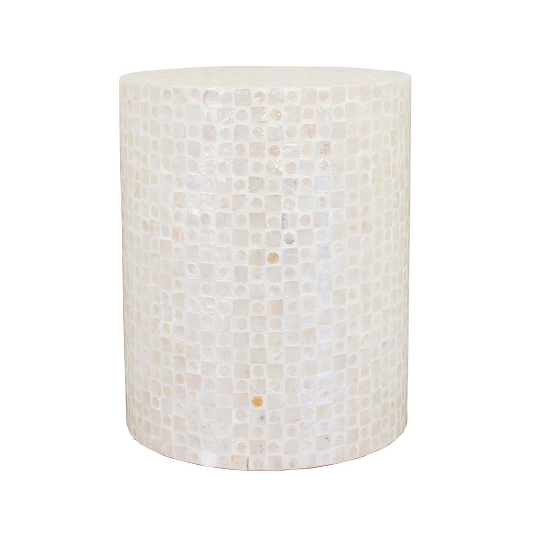 Lulu Grid Mother of Pearl Inlay Side Table in Golden, a round, drum-shaped accent piece with an iridescent, cream mosaic tile pattern, showcasing a sophisticated, handcrafted design.