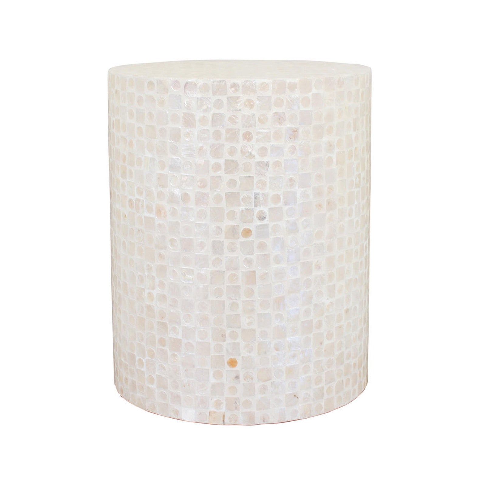 Lulu Grid Mother of Pearl Inlay Side Table in Golden, a round, drum-shaped accent piece with an iridescent, cream mosaic tile pattern, showcasing a sophisticated, handcrafted design.