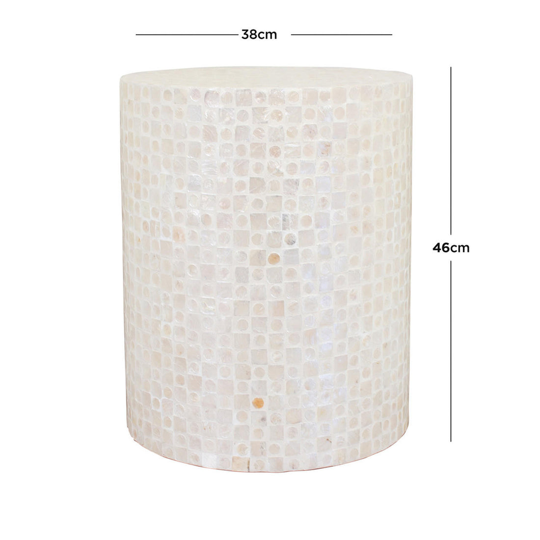 Lulu Grid Mother of Pearl Inlay Side Table in Golden, a cylindrical accent piece, features a shimmering mosaic of tiny square tiles, measuring 38 cm diameter and 46 cm height.