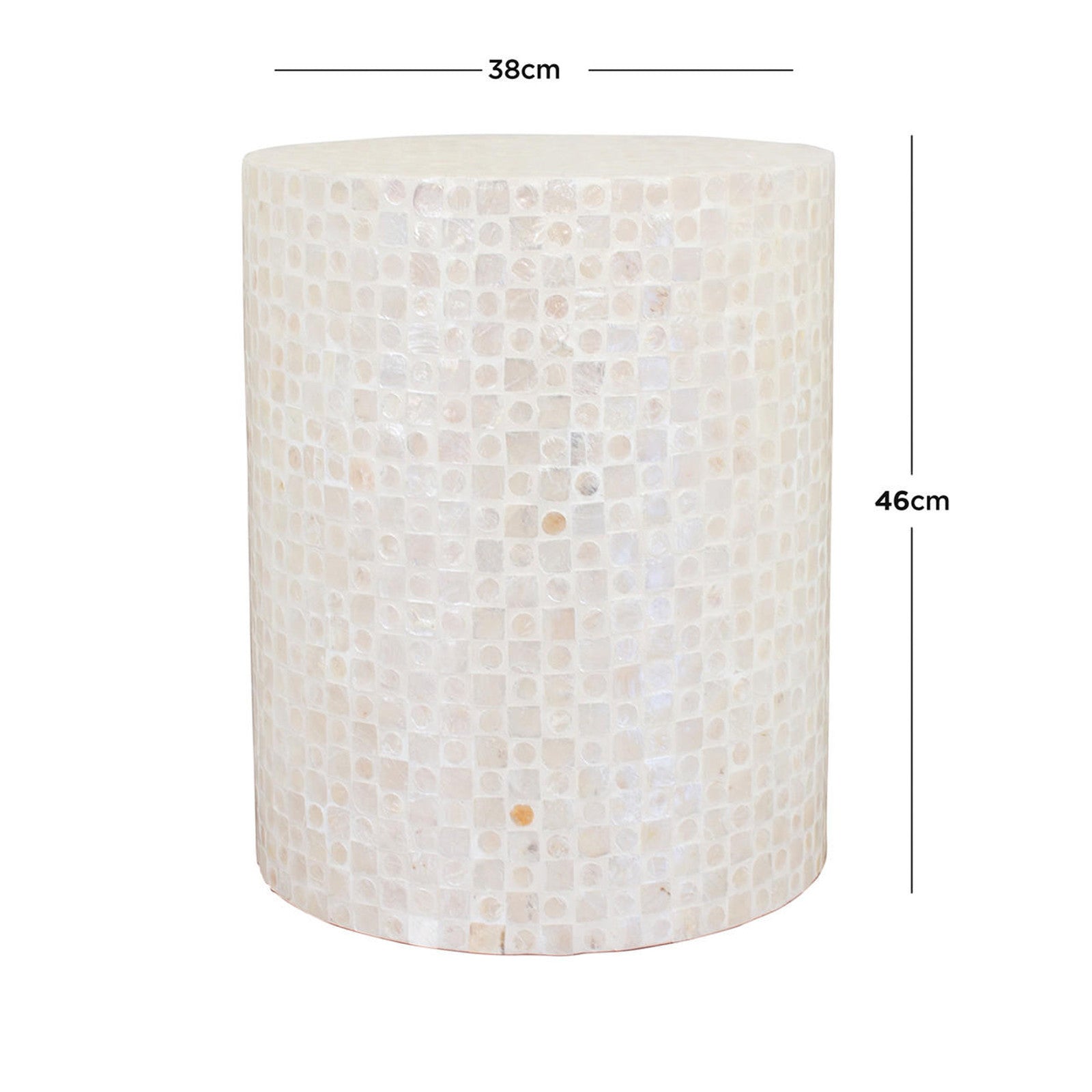 Lulu Grid Mother of Pearl Inlay Side Table in Golden, a cylindrical accent piece, features a shimmering mosaic of tiny square tiles, measuring 38 cm diameter and 46 cm height.