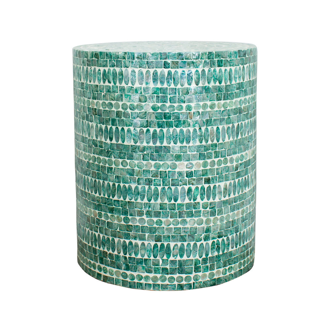 Lulu Mother of Pearl Inlay Side Table in Jade Green features a cylindrical design with a green-toned mosaic of squares, circles, and ovals, showcasing its luxurious, handcrafted elegance.