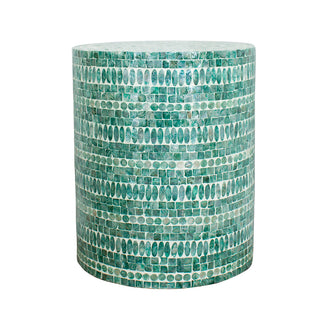 Lulu Mother of Pearl Inlay Side Table in Jade Green features a cylindrical design with a green-toned mosaic of squares, circles, and ovals, showcasing its luxurious, handcrafted elegance.