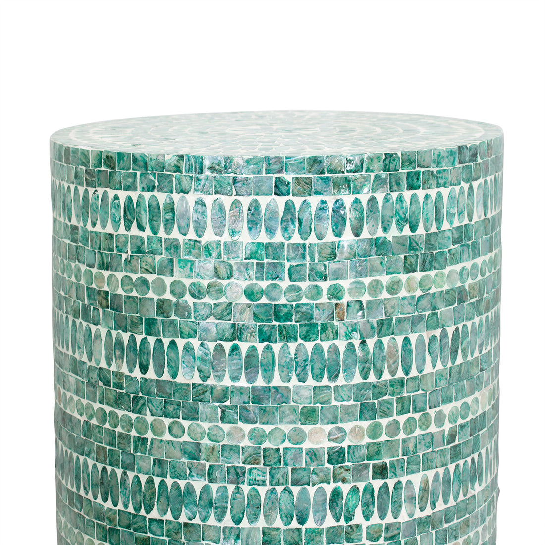 Lulu Mother of Pearl Inlay Side Table in Jade Green features a drum-shaped design with greenish-teal mosaic tiles in square and oval patterns, showcasing artisan craftsmanship and elegant style.