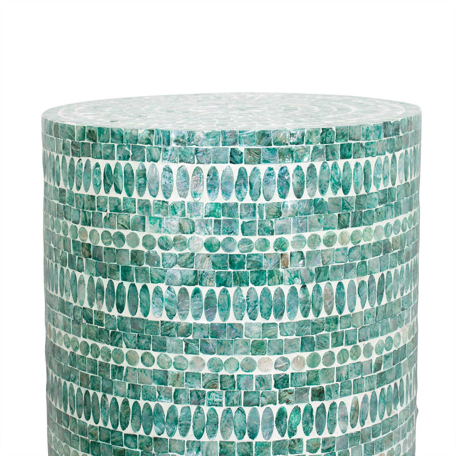 Lulu Mother of Pearl Inlay Side Table in Jade Green features a drum-shaped design with greenish-teal mosaic tiles in square and oval patterns, showcasing artisan craftsmanship and elegant style.