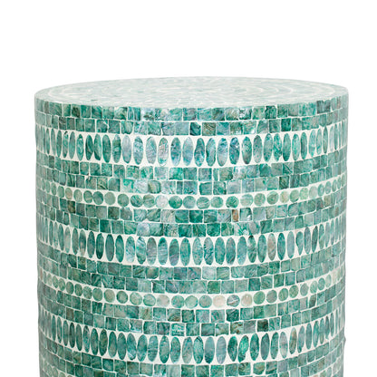 Lulu Mother of Pearl Inlay Side Table in Jade Green features a drum-shaped design with greenish-teal mosaic tiles in square and oval patterns, showcasing artisan craftsmanship and elegant style.