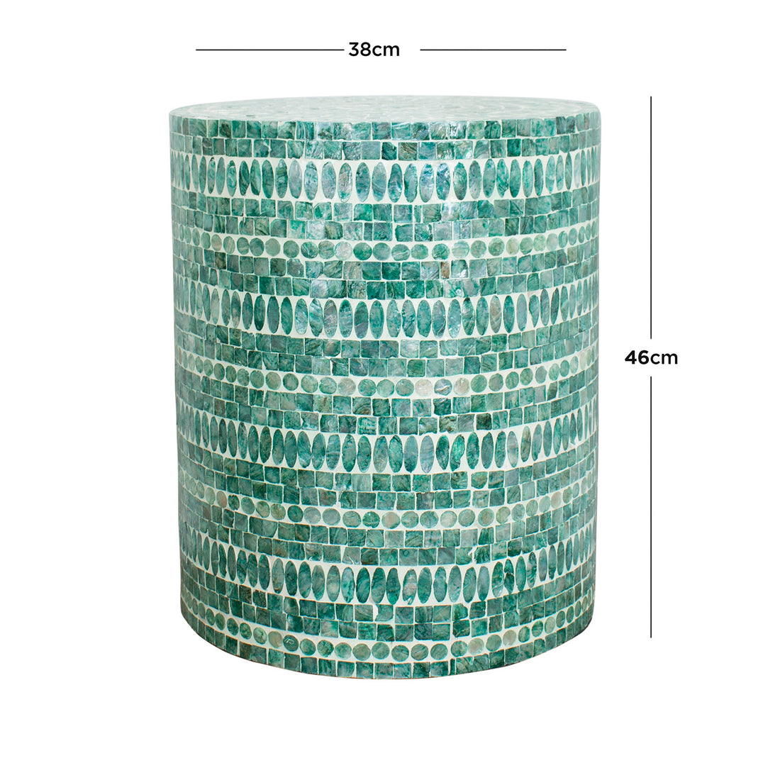 Lulu Mother of Pearl Inlay Side Table in Jade Green, featuring a cylindrical design with green mother-of-pearl mosaic tiles, 38 cm diameter, and 46 cm height, showcasing luxurious craftsmanship and sophistication.
