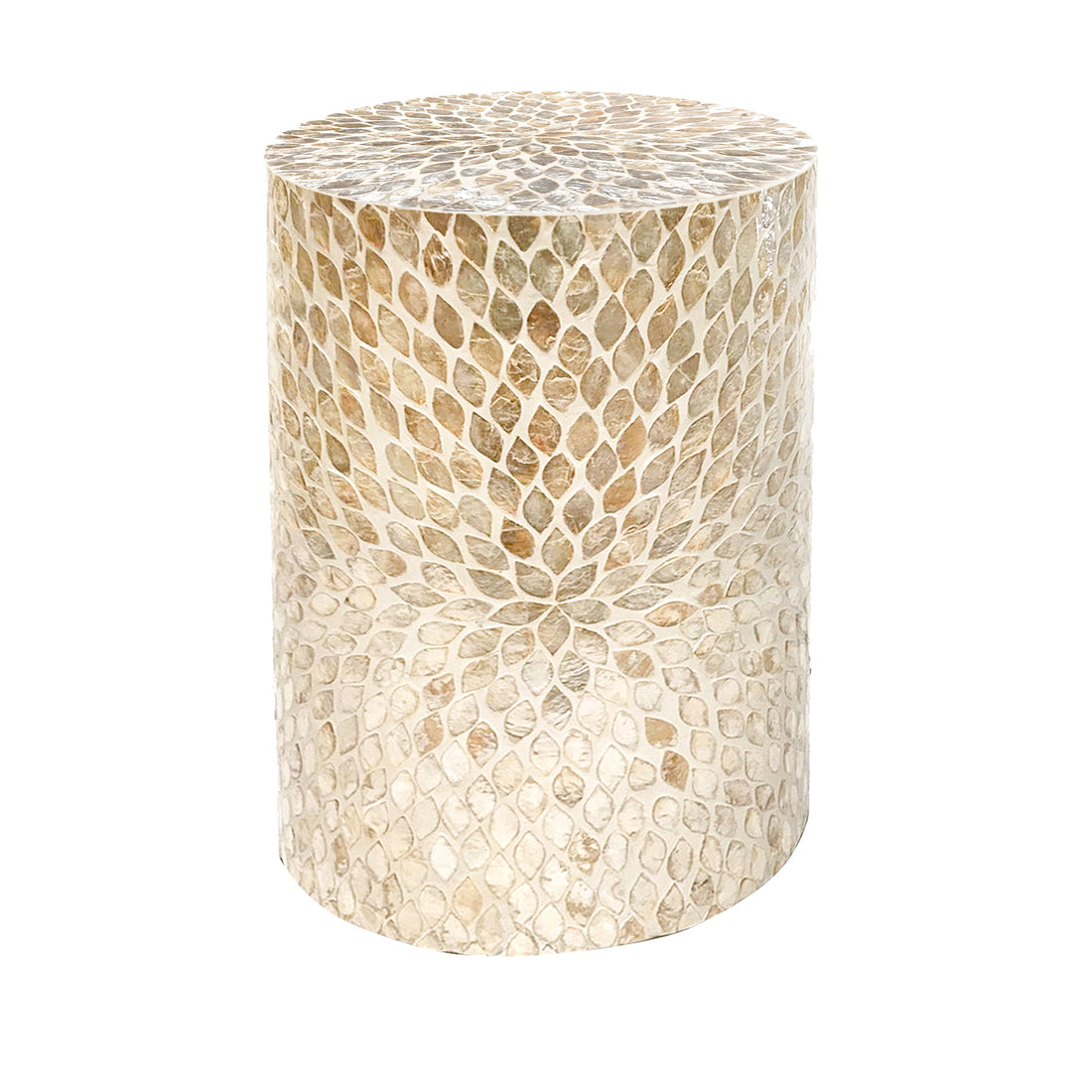 Lulu Mother of Pearl Inlay Side Table in Sand features a cylindrical design with a shimmering, petal-like mosaic pattern, ideal as an elegant side table or accent piece in any interior.
