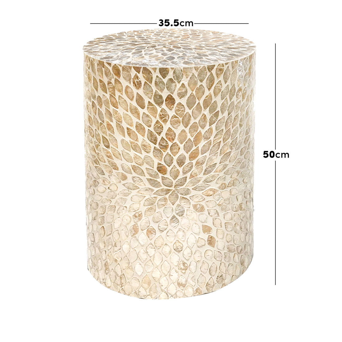 Lulu Mother of Pearl Inlay Side Table in Sand, drum-style with capiz-shell mosaic in a petal pattern, 35.5 cm top, 50 cm height, showcasing artisan craftsmanship and elegant design.