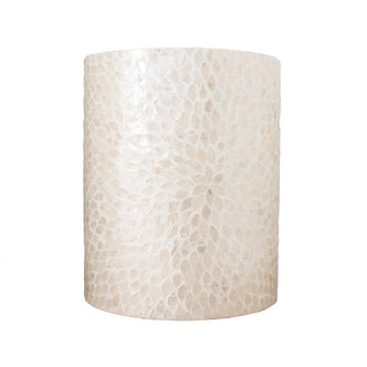 Lulu 35cm Mother of Pearl Inlay Side Table in White, featuring a cylindrical design covered in overlapping white-pearl scales forming a radiant petal mosaic, showcasing luxurious, handcrafted elegance.