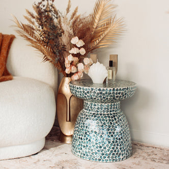 Luna 38cm Mother of Pearl Inlay Coffee Table - Flower Green, showcasing a close-up of its intricate mother-of-pearl mosaic design, highlighting the exquisite craftsmanship and modern elegance.