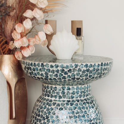 Luna 38cm Mother of Pearl Inlay Coffee Table – Flower Green, showcasing detailed mother-of-pearl mosaic in a vibrant design, with a sturdy, lightweight structure ideal for indoor elegance.