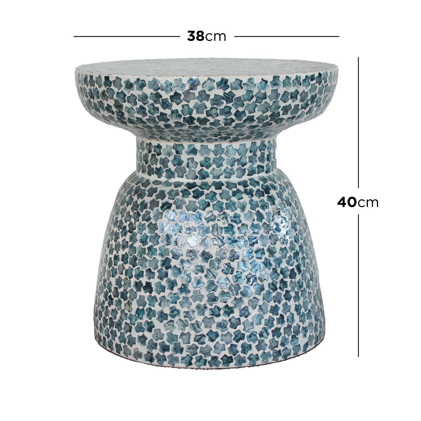 Luna 38cm Mother of Pearl Inlay Coffee Table – Flower Green, featuring a vibrant, intricate mosaic pattern, crafted with mother-of-pearl. The ceramic finish adds elegance, ideal as a stylish accent piece.