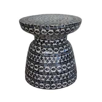 Luna 38cm Mother of Pearl Inlay Coffee Table, showcasing intricate mother-of-pearl mosaic detailing on its surface, highlighting its sleek, circular design and sophisticated craftsmanship.