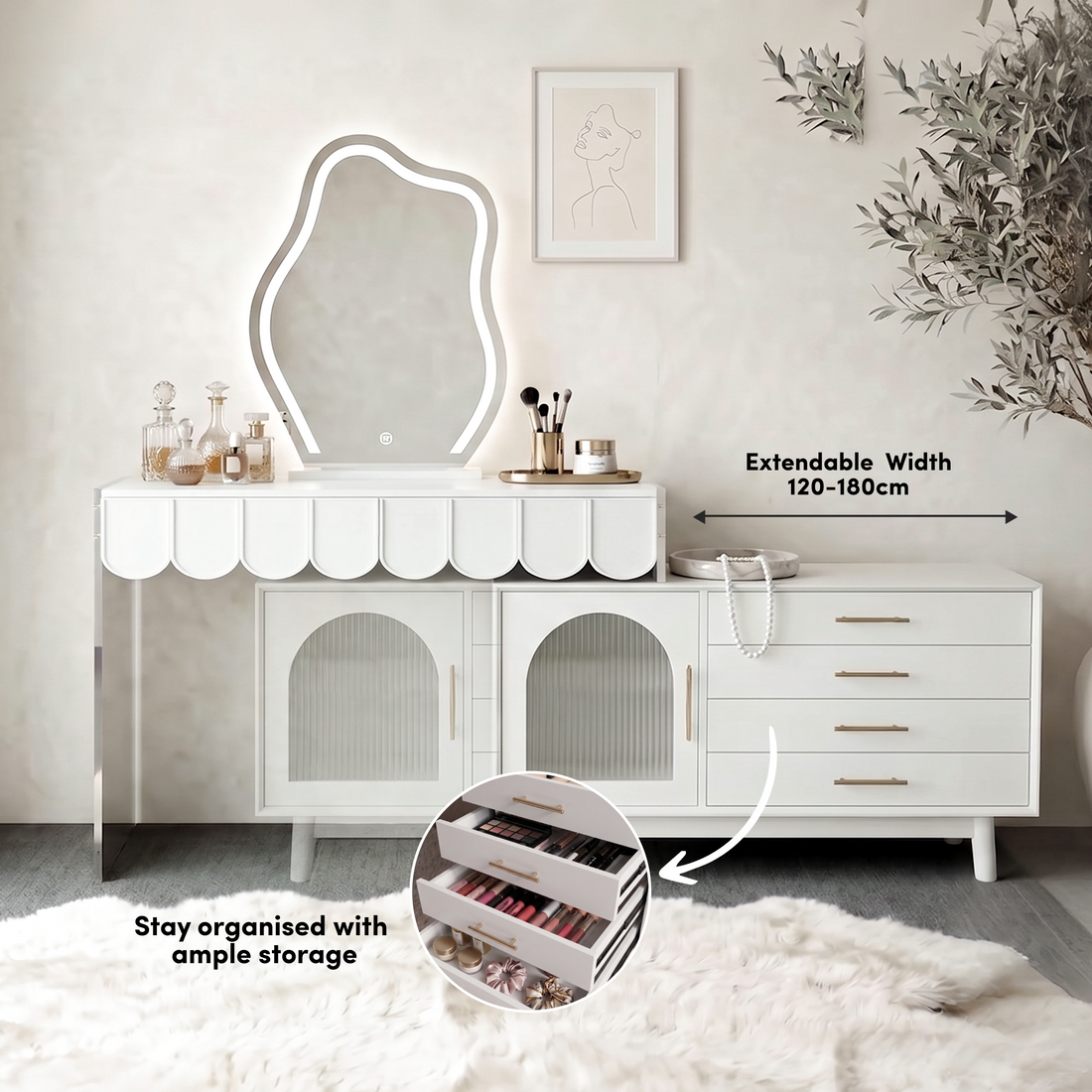 Modern white vanity set with an organic LED mirror, fluted edge, extendable width of 120-180cm, and ample drawer storage for makeup.