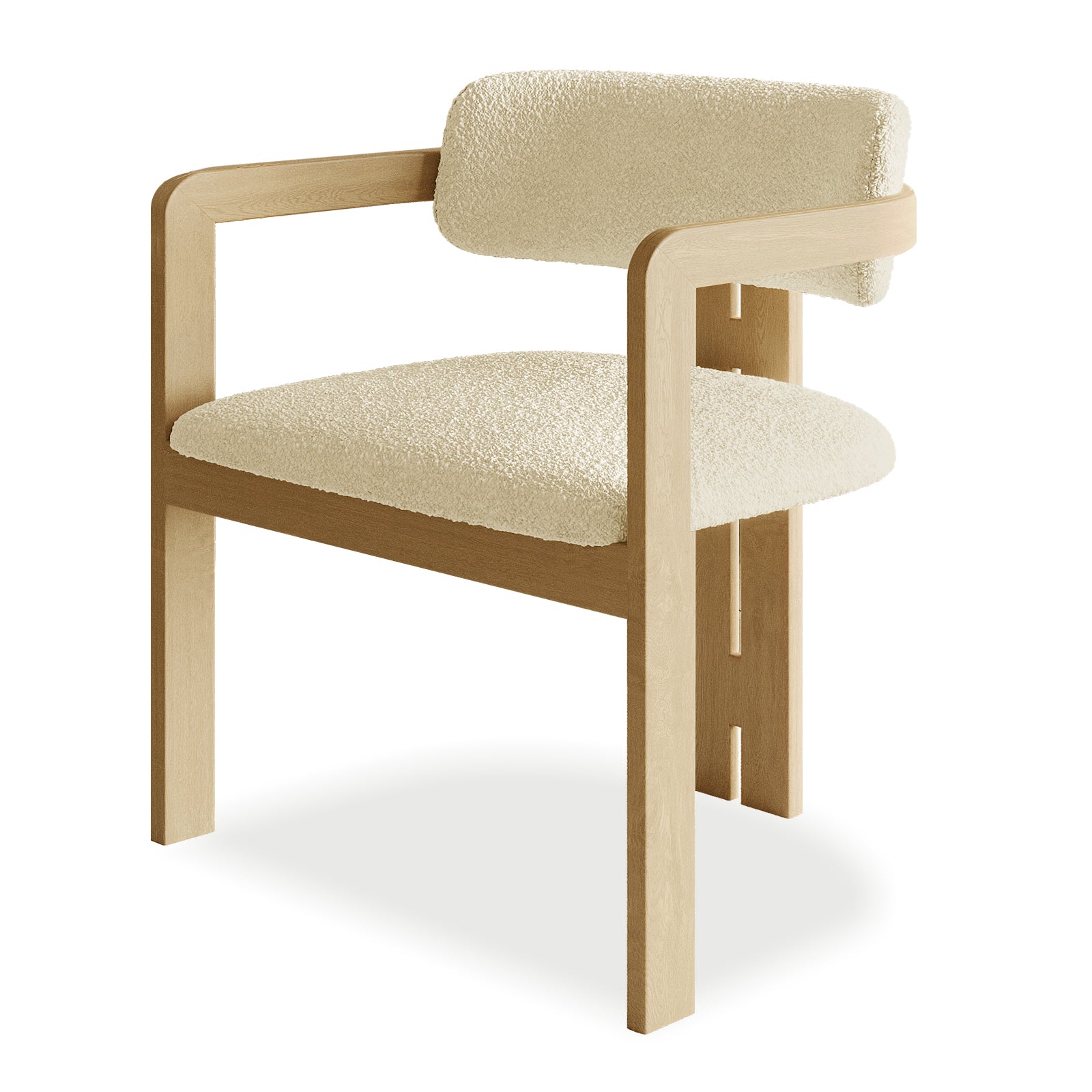 Maddi Boucle Hardwood Dining Chair Beige featuring a curved backrest and thick cushions upholstered in soft boucle fabric, showcasing a minimalist design with a solid American wood frame for durability.