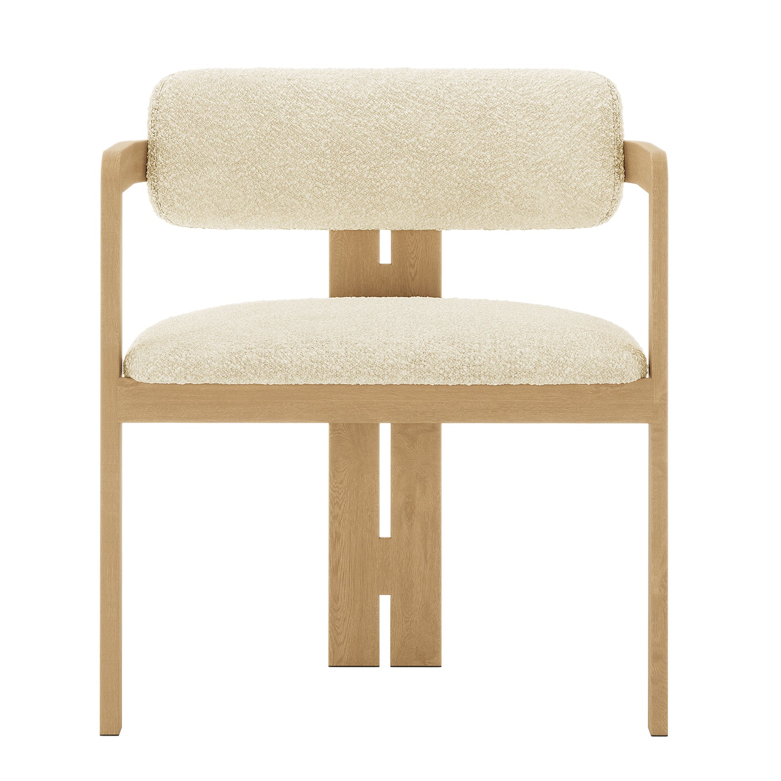 Maddi Boucle Hardwood Dining Chair showcasing a close-up of its curved backrest and thick cushions, emphasizing the soft boucle fabric and robust solid American wood frame design.