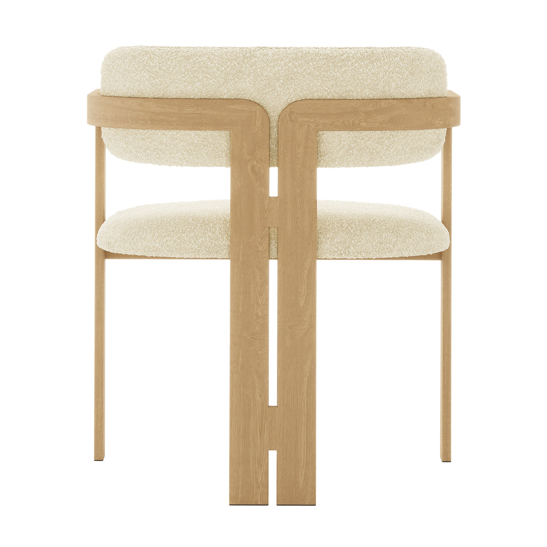 Maddi Boucle Hardwood Dining Chair features soft boucle fabric, curved backrest, thick cushions, and solid wood frame, highlighting its elegant design and durability. Perfect for enhancing modern or farmhouse dining spaces.