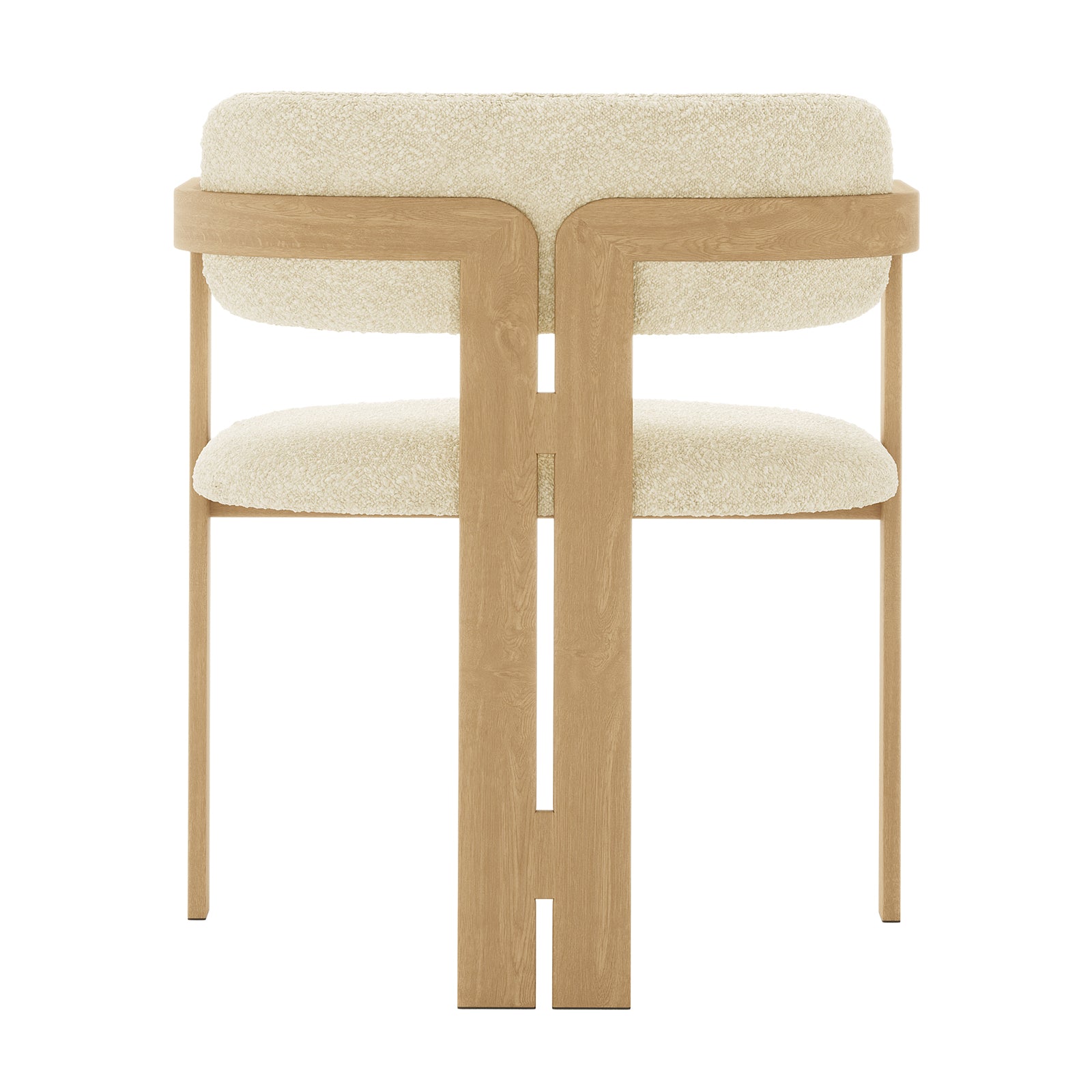 Maddi Boucle Hardwood Dining Chair features soft boucle fabric, curved backrest, thick cushions, and solid wood frame, highlighting its elegant design and durability. Perfect for enhancing modern or farmhouse dining spaces.