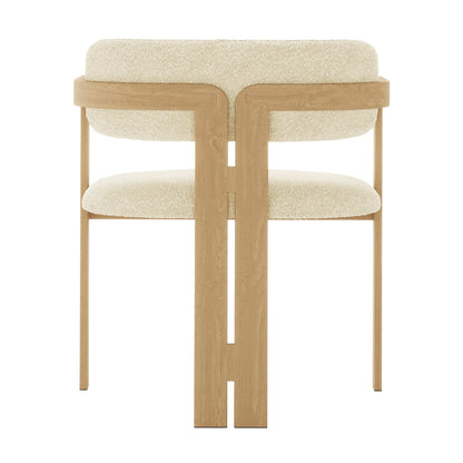 Maddi Boucle Hardwood Dining Chair features soft boucle fabric, curved backrest, thick cushions, and solid wood frame, highlighting its elegant design and durability. Perfect for enhancing modern or farmhouse dining spaces.