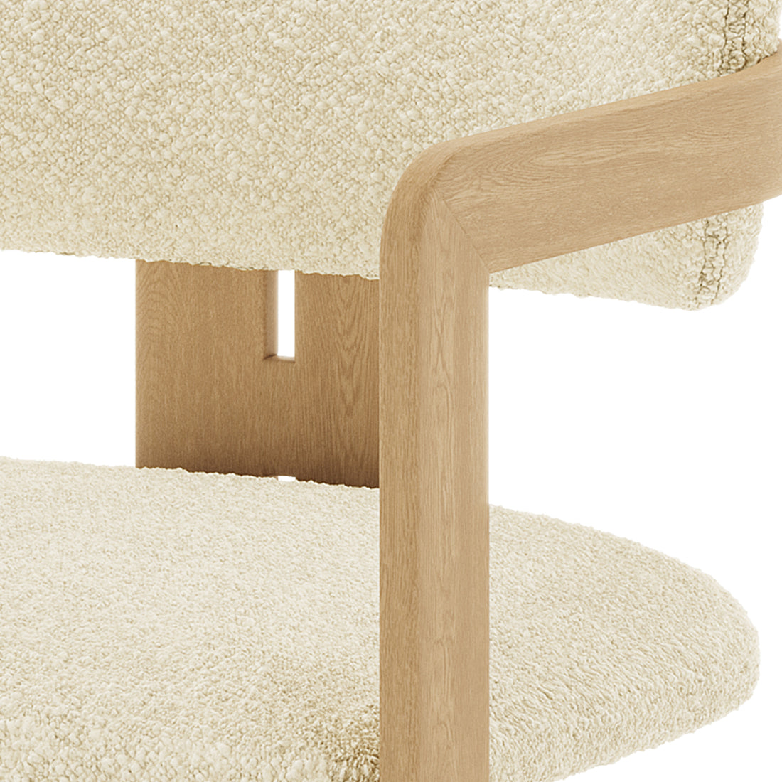 Maddi Boucle Hardwood Dining Chair Beige, featuring a curved backrest and thick cushioned seat, upholstered in soft boucle fabric, highlighting its stylish, ergonomic design with a solid American wood frame.