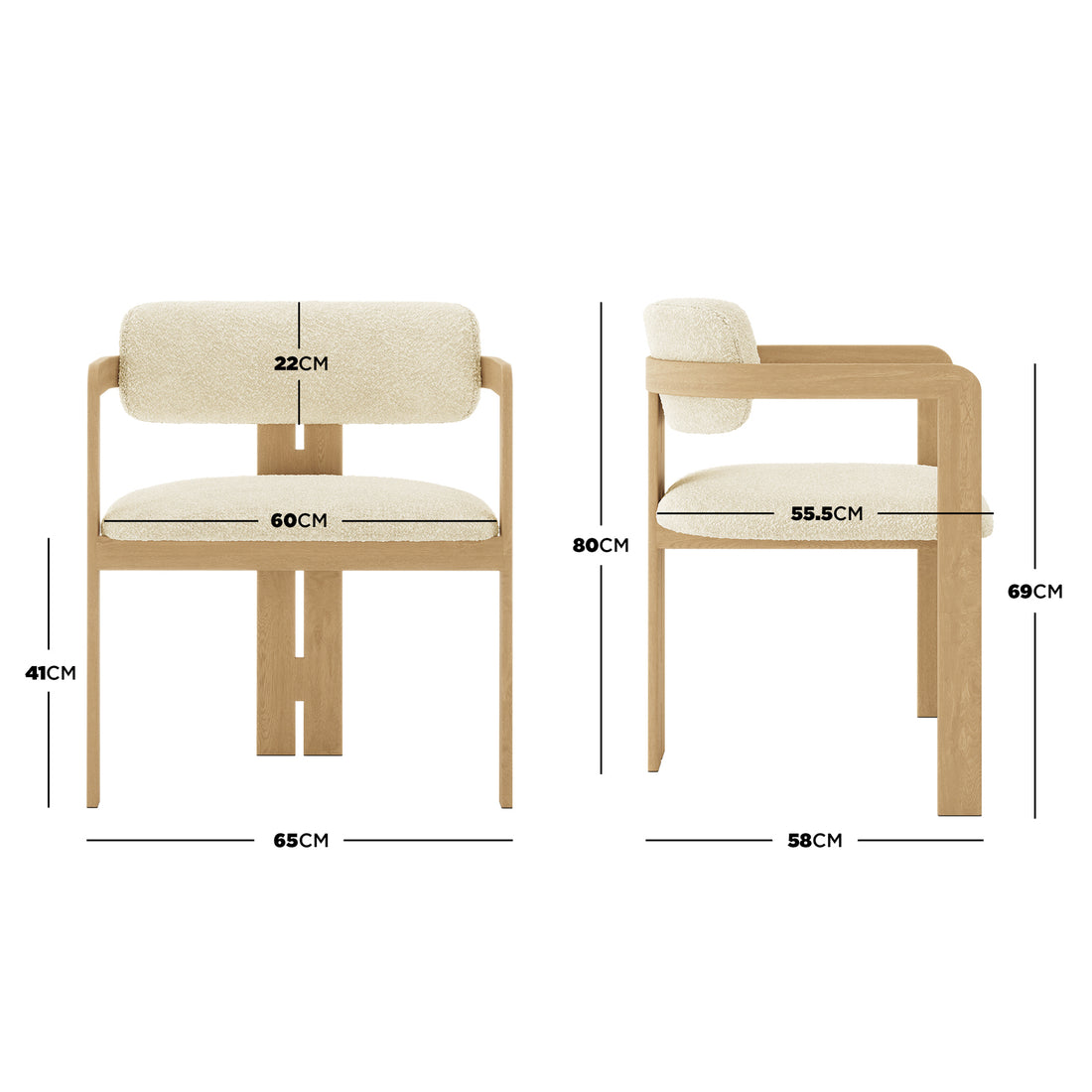 Maddi Boucle Hardwood Dining Chair Beige, featuring a curved backrest, armrests, and thick cushions, shown with measurements and ergonomic design diagrams, emphasizing stylish comfort and solid wood durability.