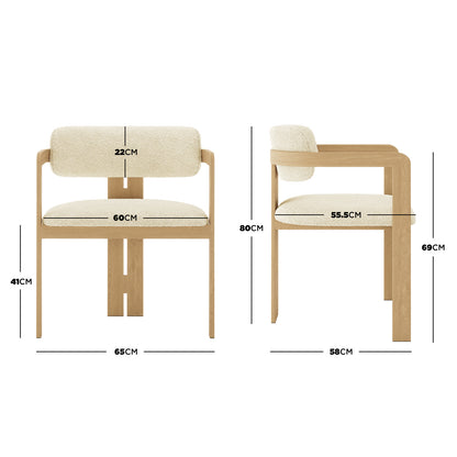 Maddi Boucle Hardwood Dining Chair Beige, featuring a curved backrest, armrests, and thick cushions, shown with measurements and ergonomic design diagrams, emphasizing stylish comfort and solid wood durability.