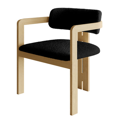 Maddi Boucle Hardwood Dining Chair Black featuring a soft boucle fabric, curved backrest, and wooden legs, showcasing an elegant armrest design for comfort and durability in a modern, sophisticated style.