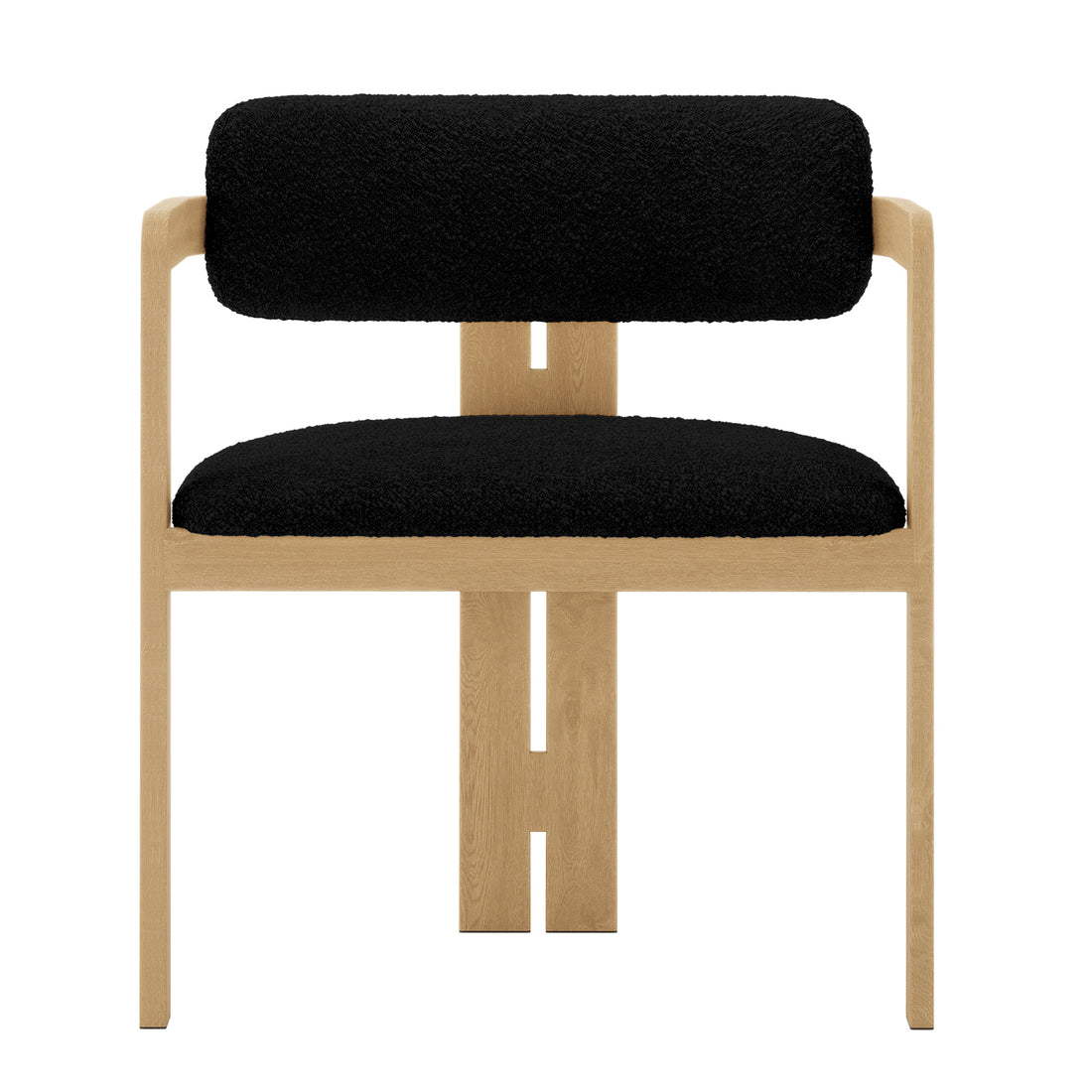 Maddi Boucle Hardwood Dining Chair Black, featuring a curved backrest, wooden legs, and boucle upholstery, set on a wooden surface with a black rug, showcasing its elegant and minimalist design.