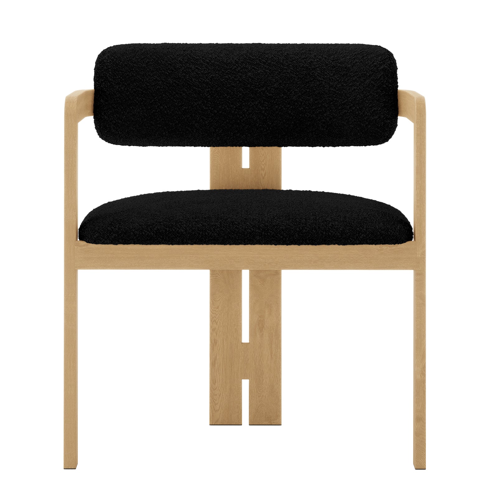 Maddi Boucle Hardwood Dining Chair Black, featuring a curved backrest, wooden legs, and boucle upholstery, set on a wooden surface with a black rug, showcasing its elegant and minimalist design.