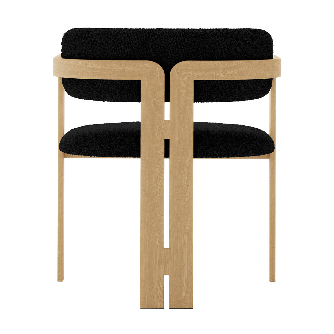 Maddi Boucle Hardwood Dining Chair Black: Close-up of the chair's black boucle fabric, curved backrest, and wooden legs, highlighting its stylish and ergonomic design made from solid American wood.