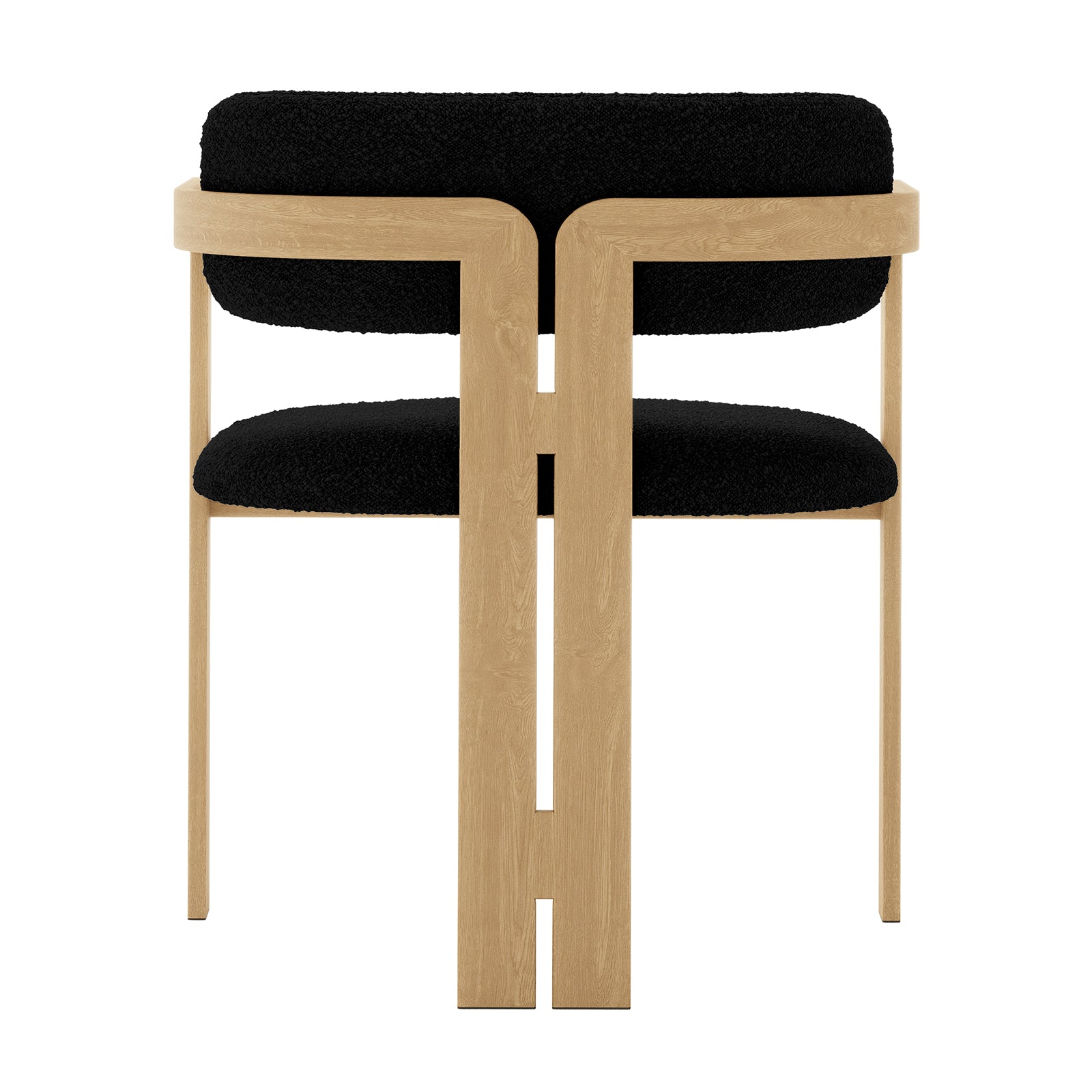 Maddi Boucle Hardwood Dining Chair Black: Close-up of the chair's black boucle fabric, curved backrest, and wooden legs, highlighting its stylish and ergonomic design made from solid American wood.