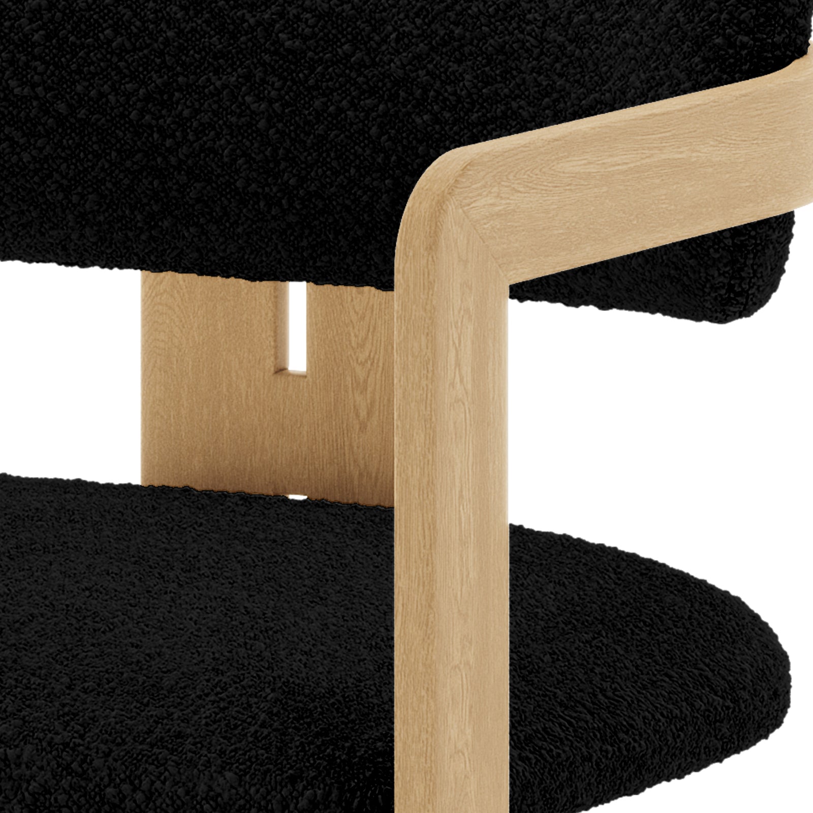 Maddi Boucle Hardwood Dining Chair with a curved backrest, upholstered in soft boucle fabric, showcasing a minimalist design. Close-up highlights its sturdy American wood frame, emphasizing elegance and comfort.