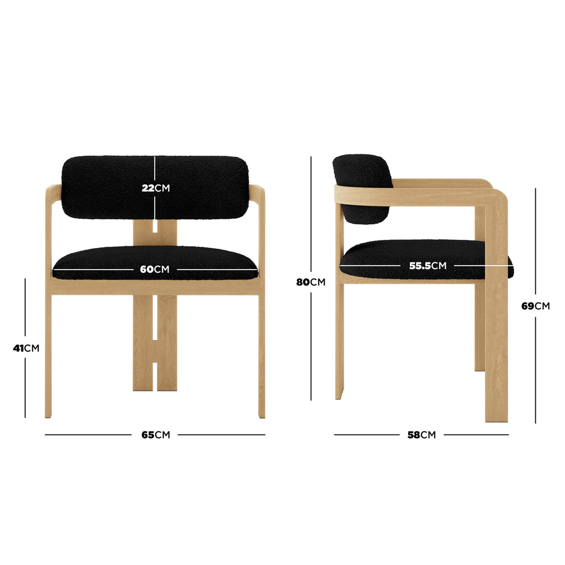 Maddi Boucle Hardwood Dining Chair Black featuring a curved backrest, thick cushions on a solid wood frame, and ergonomic armrests, set on a wooden chair with a black cushion.