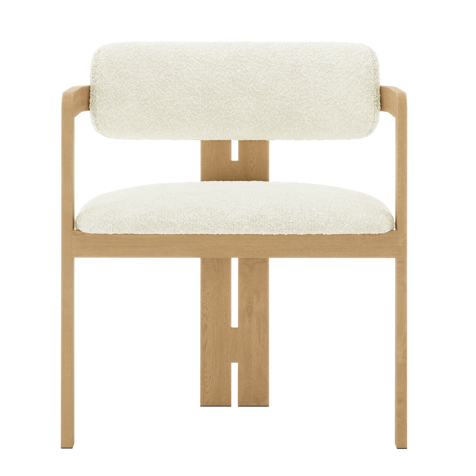 Maddi Boucle Hardwood Dining Chair Cream White with a wooden frame, featuring a curved backrest and thick cushioned seat upholstered in soft boucle fabric, showcasing a minimalist and elegant design.