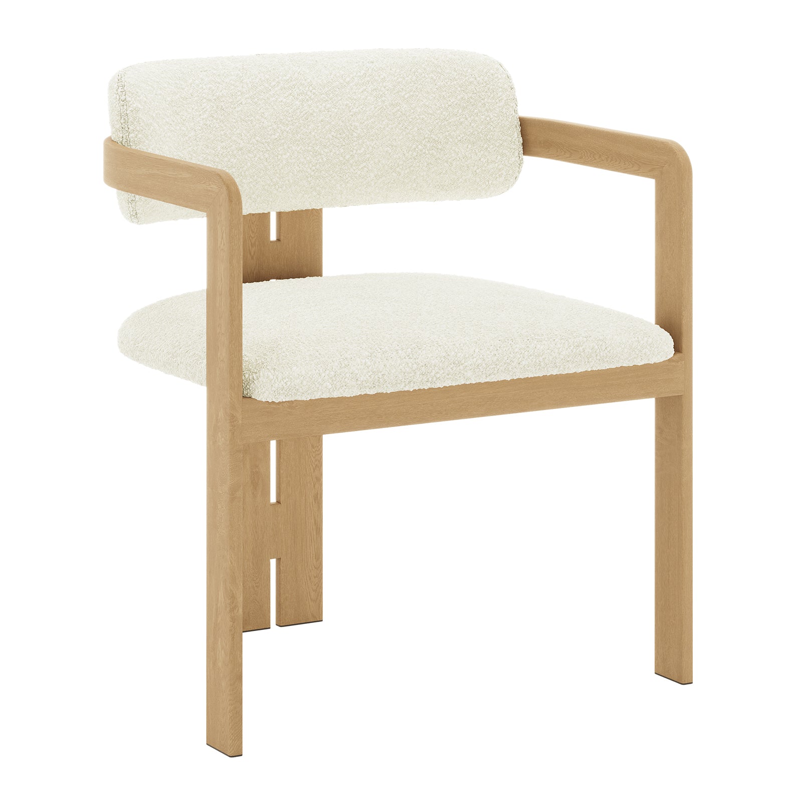 Maddi Boucle Hardwood Dining Chair Cream White, featuring a curved backrest, armrests, and plush cushion. Upholstered in boucle fabric, highlighting its sturdy American wood frame, exuding modern sophistication.