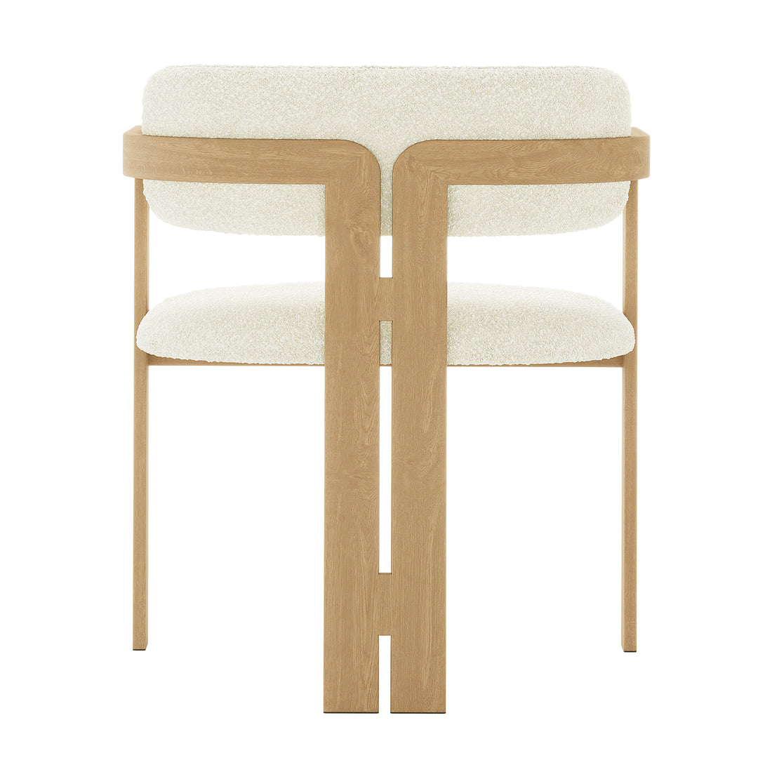 Close-up of the Maddi Boucle Hardwood Dining Chair showcasing its curved backrest, soft boucle upholstery, and sturdy American wood frame, highlighting its stylish and ergonomic design.