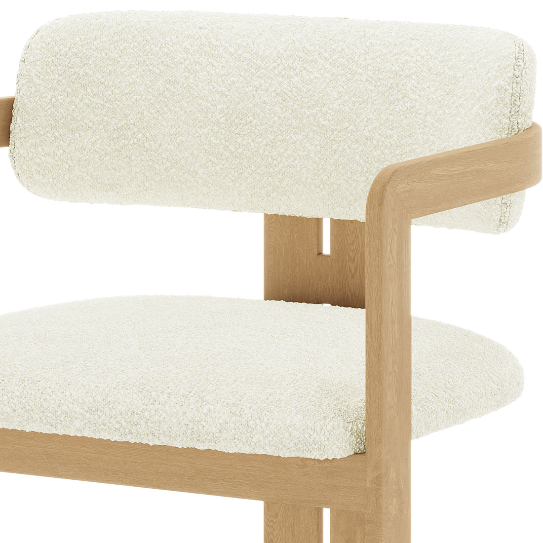 Maddi Boucle Hardwood Dining Chair Cream White with curved backrest, upholstered in soft boucle fabric, showcasing elegant armchair style and solid American wood frame for a modern, sophisticated look.