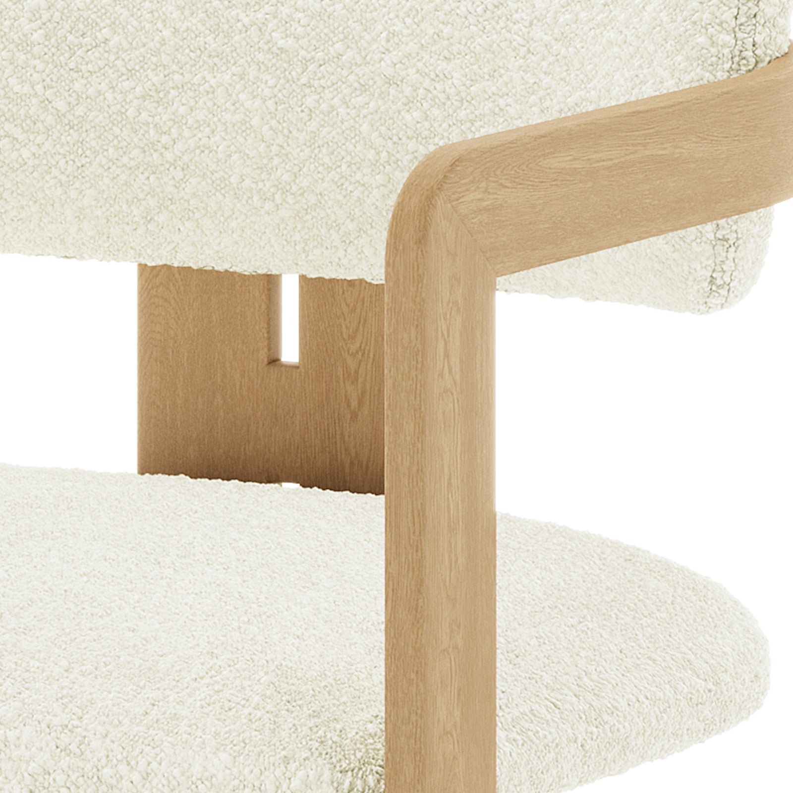 Close-up of the Maddi Boucle Hardwood Dining Chair in Cream White, showcasing its textured boucle upholstery, ergonomic curved backrest, and sturdy American wood frame, highlighting its stylish and durable design.