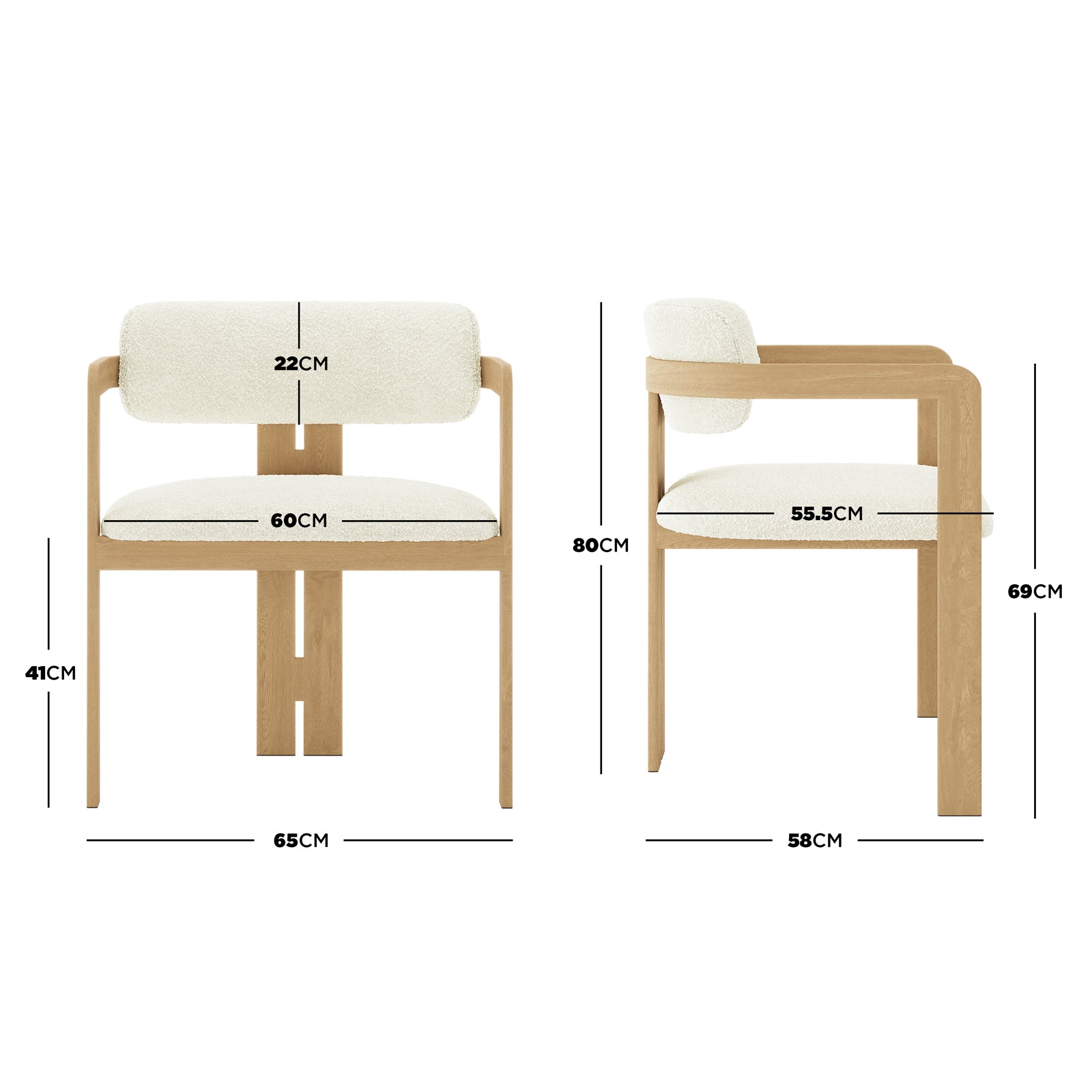 Maddi Boucle Hardwood Dining Chair with a curved backrest and cushioned seat, showcasing its side and back views, highlighting the elegant design and sturdy American wood frame.