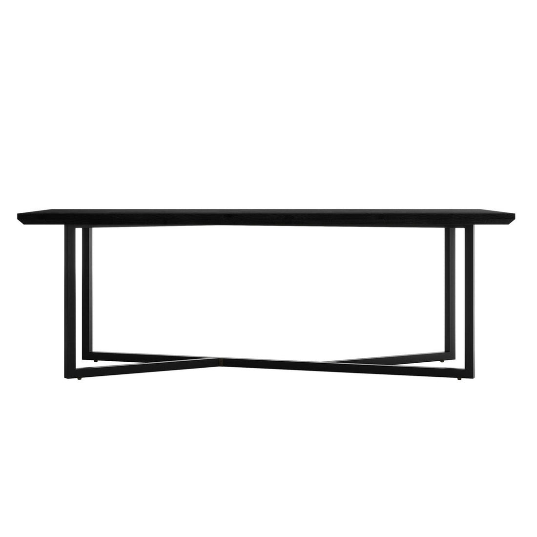 Mae 220cm 8 Seater Rectangular Dining Table in Black features a matte black top with U-shaped metal legs joined by a diagonal crossbar, offering modern elegance and stability.
