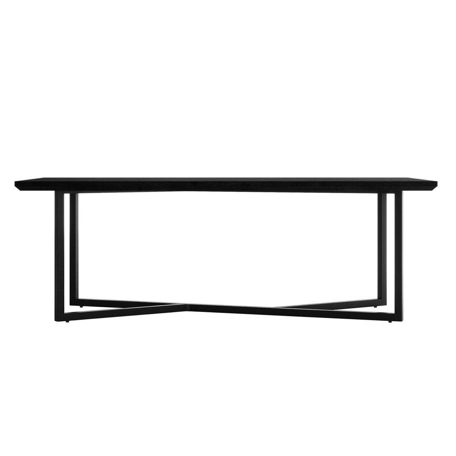 Mae 220cm 8 Seater Rectangular Dining Table in Black features a matte black top with U-shaped metal legs joined by a diagonal crossbar, offering modern elegance and stability.