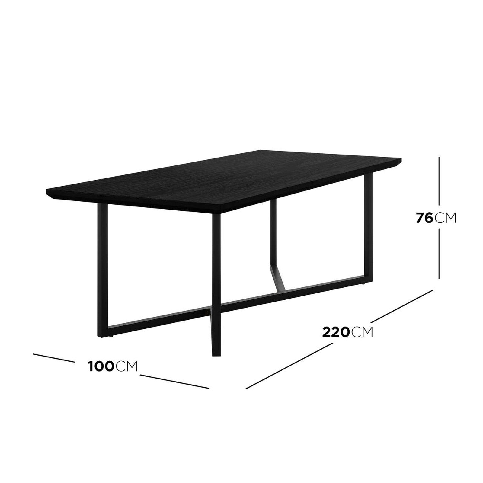 Mae 220cm 8 Seater Rectangular Dining Table in Black, featuring a matte-black top and matching black metal legs, designed for modern elegance and stability. Dimensions: 220cm length, 100cm width, 76cm height.