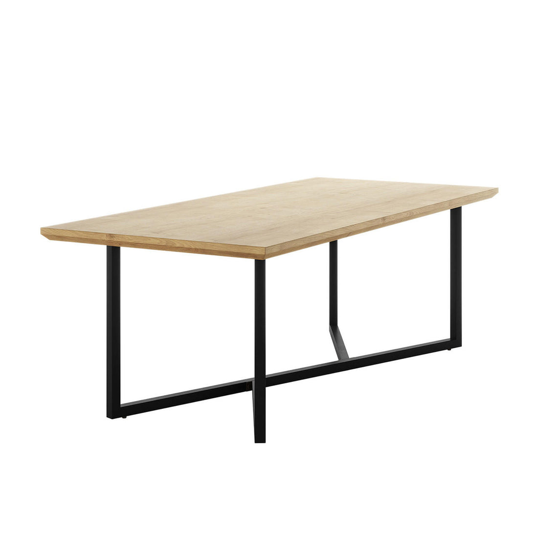 Mae 220cm 8 Seater Rectangular Dining Table in Natural, featuring a light oak-like wooden top and black metal frame with straight legs and cross-brace, showcasing a minimalist and modern design.
