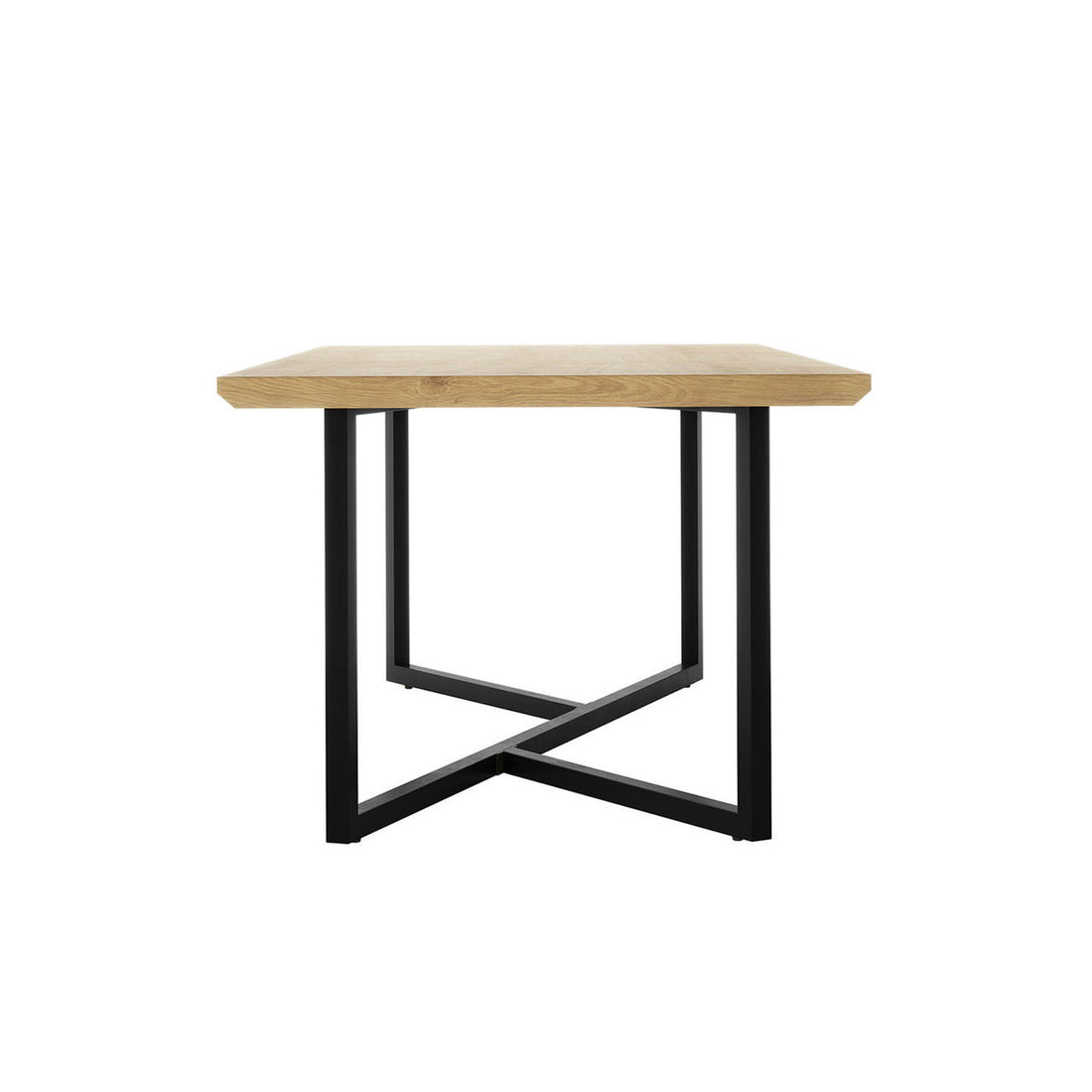 Mae 220cm 8 Seater Rectangular Dining Table in Natural features a light wood rectangular top with a black metal base forming an “X” pattern, embodying modern elegance and industrial charm.
